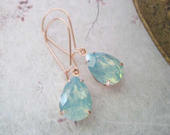 Seafoam Green Crystal Drops ,Mint Crystal Earrings , Jade  Crystals ,Rose gold earrings ,Bridesmaid Jewellery ,Beach Wedding Drops