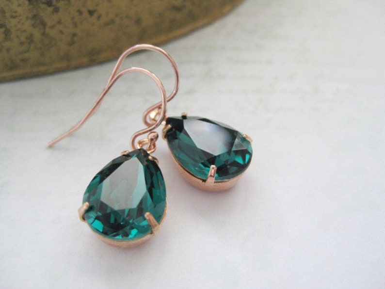 Emerald Green Crystal Earrings , Green Drop , Estate Style , Simple Delicate , Rose Gold Earring ,Wedding Jewellery , Bridesmaids Gift image 1