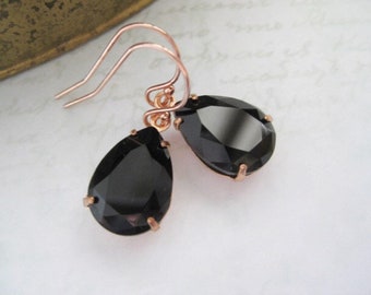 Boucles d'oreilles en cristal noir, boucles d'oreilles en forme de larme, boucles d'oreilles noires de demoiselle d'honneur, boucles d'oreilles de graduation