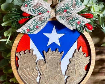 Handcrafted Christmas Ornament with La Bandera de Puerto Rico and Los Tres Santos Reyes.