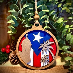 Handcrafted Puerto Rican Flag Christmas Ornament with La Garita del Morro & Palm Trees.
