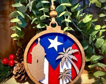 Handcrafted Puerto Rican Flag Christmas Ornament with La Garita del Morro & Palm Trees.