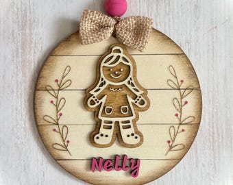 Personalized Gingerbread Christmas Ornament: Hand-Painted Wood Family Keepsake