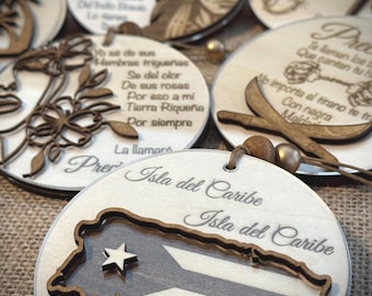 Handcrafted Puerto Rico Christmas Ornament Set. "Preciosa" Song Lyrics. 7 Ornaments in total.