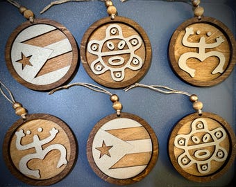Handcrafted Puerto Rican Christmas Ornaments: Taino Symbols, Set of 6