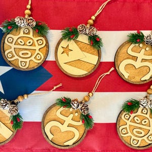 Handmade Puerto Rico Christmas Ornaments: Taino Symbols, PR Flag
