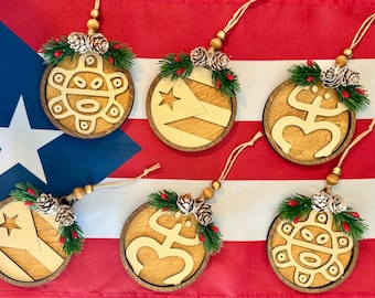 Handmade Puerto Rico Christmas Ornaments: Taino Symbols, PR Flag