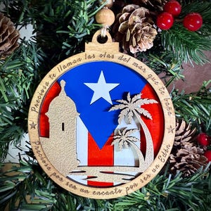 Handcrafted Puerto Rican Flag Christmas Ornament with La Garita del Morro & Palm Trees. Borinquen Preciosa