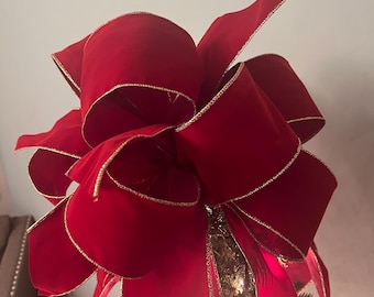 Large Red Velvet Christmas Tree Topper Bow with Long Streamers