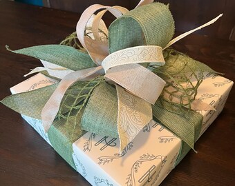 Cream and Green “H” Reusable Gift Box; Pre-Wrapped Box