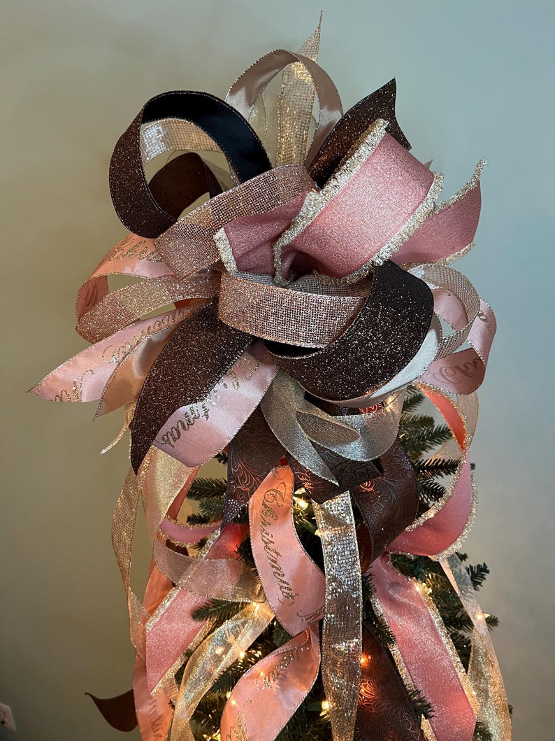 Large Rose Pink and Gold Christmas Tree Topper Bow With Champagne ...