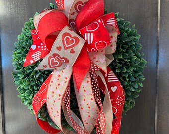 Red and Khaki hearts Valentine bow for wreaths, gifts, or lanterns