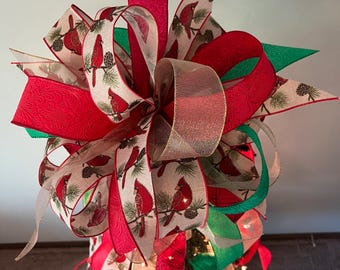 Large Cardinal Christmas Tree Topper Bow; Handcrafted Holiday Decor