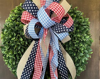 Gingham and Stars Patriotic Wreath Bow
