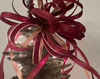 Burgundy “sparse look” Christmas Tree Topping Bow; Gold and Burgundy velvet bow