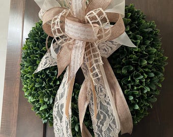 Neutral lace and khaki everyday bow  for wreaths, lanterns,  or gifts