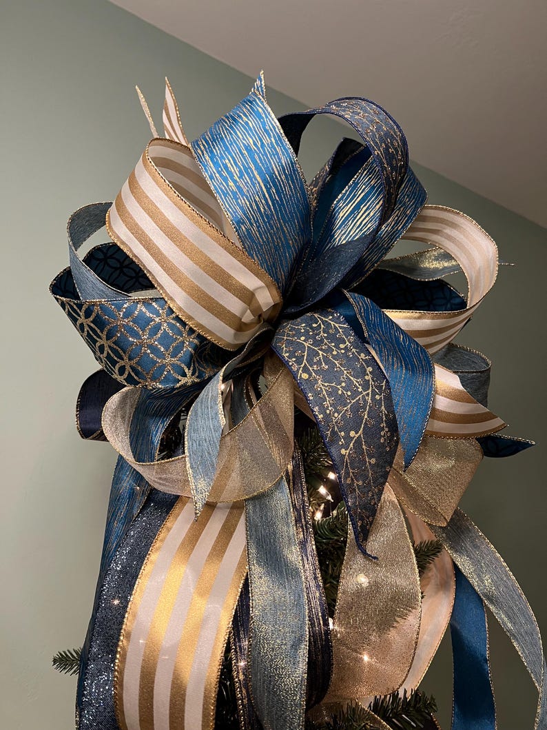 Large Blue & Gold Christmas Tree Topping Bow, Christmas Bow With Long ...