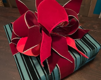 Dark green velvet stripe Reusable Christmas Gift Box; Pre-Wrapped Box