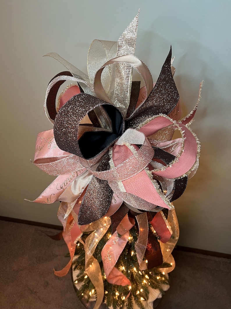 Large Rose Pink and Gold Christmas Tree Topper Bow With Champagne ...