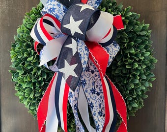 Patriotic Floral and Stars Bow; Red, White, and Blue Wreath or Planter Decor