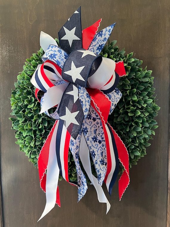 Patriotic Floral and Stars Bow; Red, White, and Blue Wreath Decor