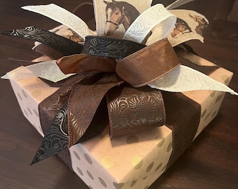Horse themed Reusable Gift Box in brown, black, and tan; Pre-Wrapped Box