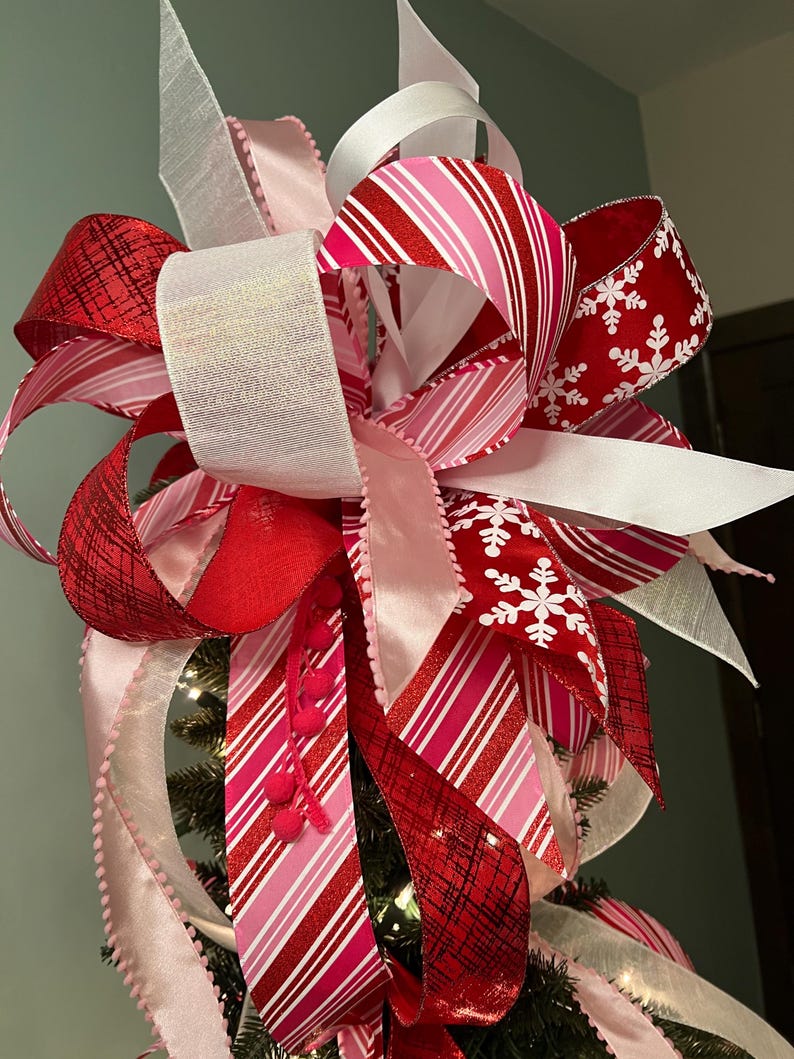 Large Red and Pink Candy Stripe Christmas Tree Topper Bow - Etsy