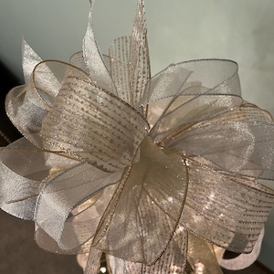Large Silver & Gold Sheer Christmas Tree Topping Bow, Christmas Bow with Long Streamers, Tree Trimming Bow