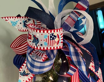 Large Patriotic Gnome Red, White, and Blue Tree Topping Bow