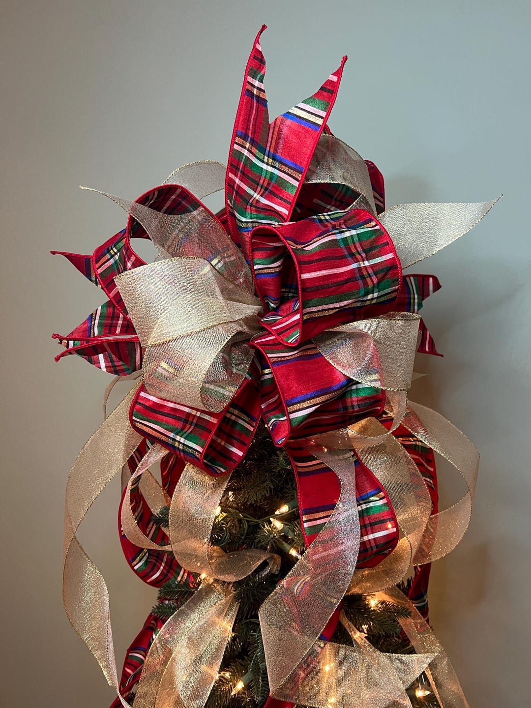 Red Plaid Christmas Tree Topper Bow With Long Streamers - Etsy