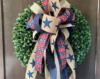 Patriotic Big Star Bow; Red, Khaki, and Blue Wreath or Planter Decor