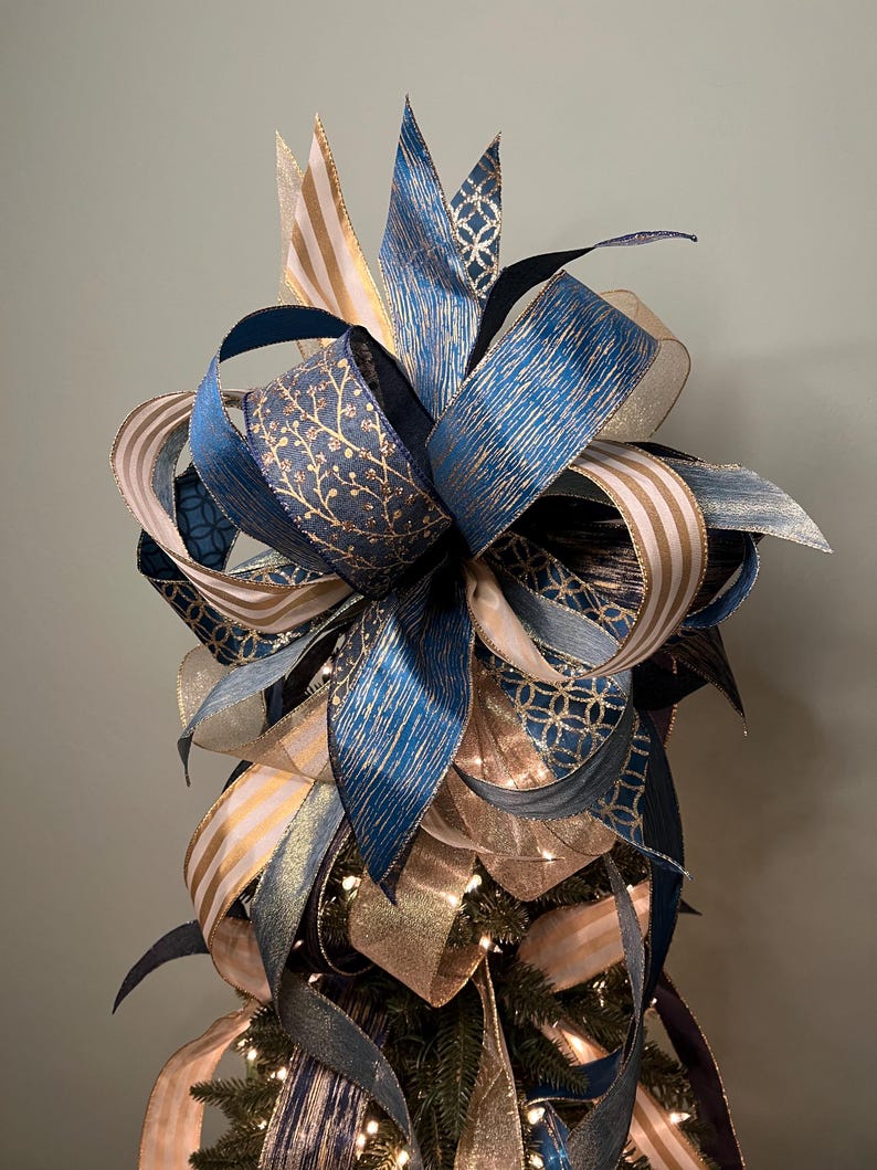 Large Blue & Gold Christmas Tree Topping Bow, Christmas Bow With Long ...