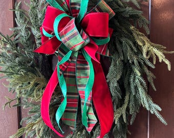 Red velvet and green plaid Christmas Bow; Elegant bow for wreaths, planters, or garland