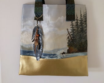 Mixed Media Collage Tote made from Recycled oil paintings, faux leather, and vintage fabrics