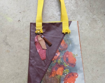 Mixed Media Collage Tote made from Recycled oil paintings, faux leather, and vintage fabrics