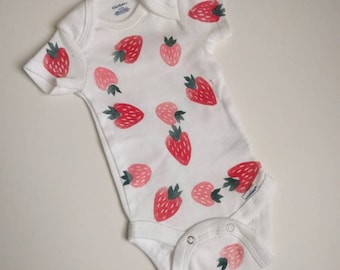 Custom hand carved block printed sweet strawberry pop art baby onesie