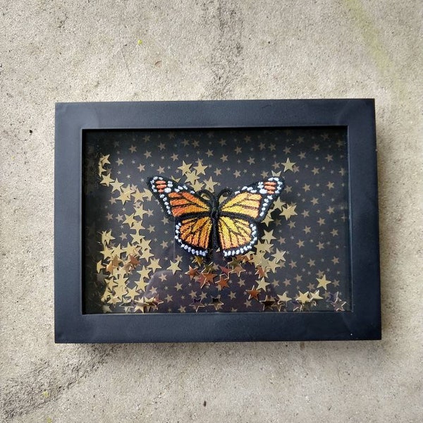 Framed 6x8 3D embroidered framed shadow box Monarch Butterfly specimen dark stars gold glitter metallic