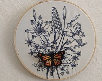 3D embroidered monarch butterfly and wildflowers wall art