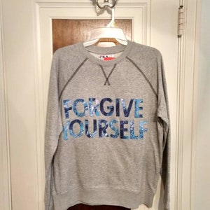 Handmade Applique Sweatshirt, 'Forgive Yourself' Marble Felt, Fila Gray, M