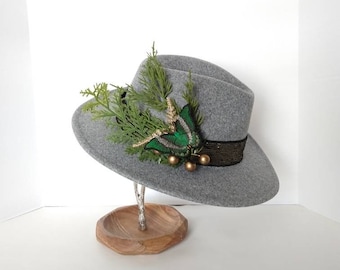 Wool felt collage hat with 3D embroidered emerald swallowtail butterfly and greenery