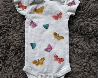 Hand dyed block printed butterfly moth onesie sage green