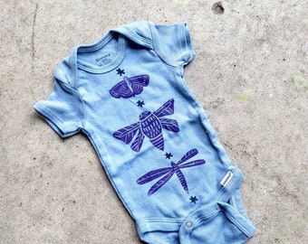 Hand dyed hand block printed moth butterfly dragonfly insect lepidoptera onesie blue gray and purple