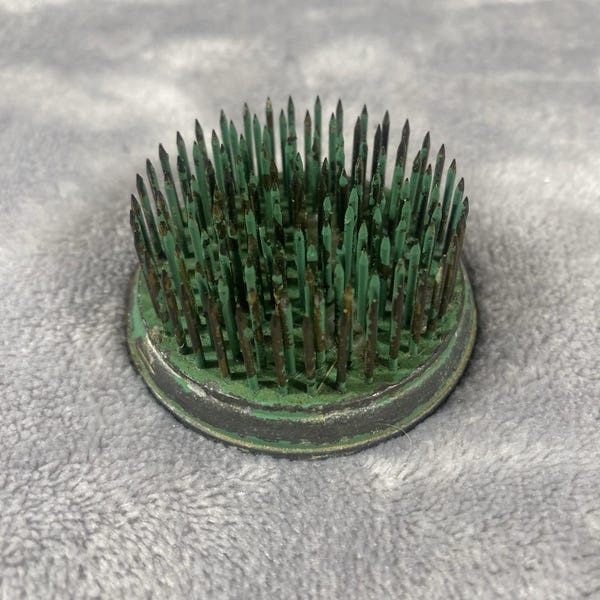 Antique Round Pin Spike Flower Frog Cast Iron Vintage Floral Flower Holder Green