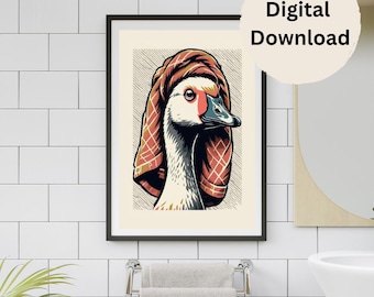Silly Goose Wall Art | Goose in Towel Art | Digital Print Wall Art | Funny Animal Wall Art | Bathroom Wall Art