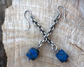 Hand Carved Lapis Lazuli Sterling Silver Dangle Earrings