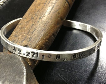 Personalized Coordinates Sterling Silver Cuff Bracelet. Latitude and Longitude.