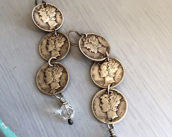 Sterling Silver Mercury Dime en Crystal Dangle Oorbellen