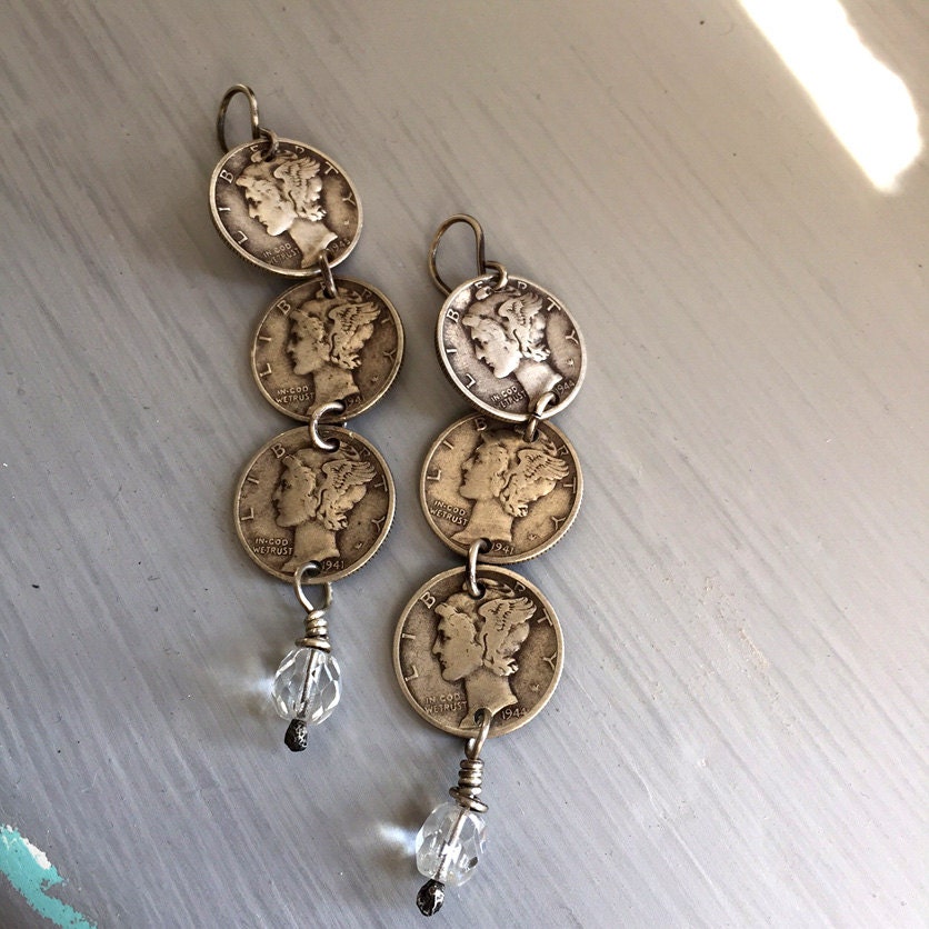 Sterling Silver Mercury Dime and Crystal Dangle Earrings - Etsy