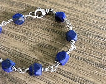 Antique Carved Lapis Lazuli Sterling Silver Protection Bracelet