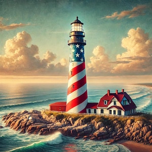 May include: A red, white, and blue striped lighthouse stands on a rocky outcropping overlooking a blue ocean with white waves. A smaller white house with a red roof is located next to the lighthouse.